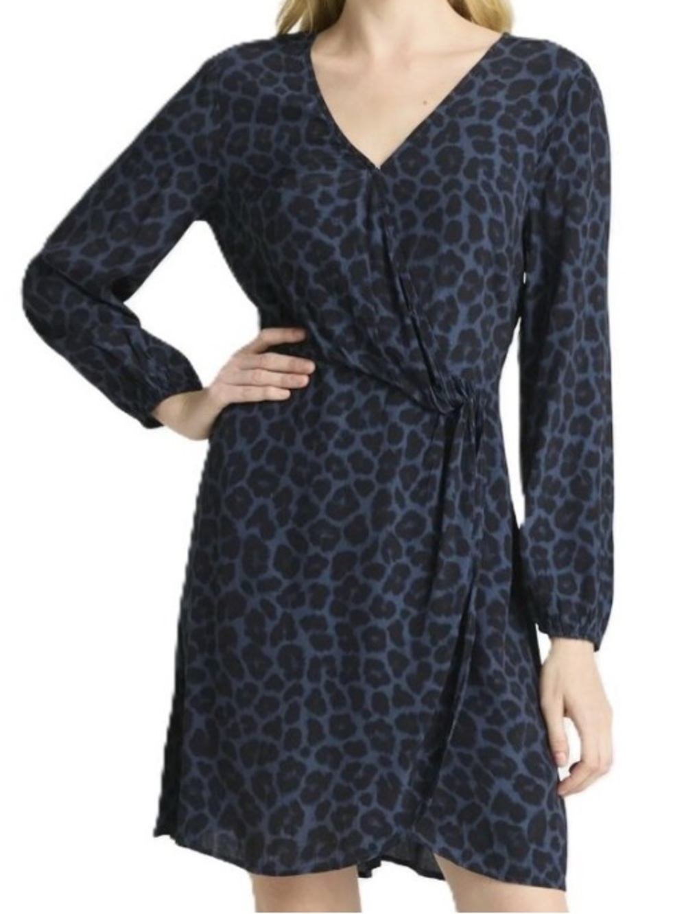 Leopard Print Wrap Dress Rustic Blue with leopard print.